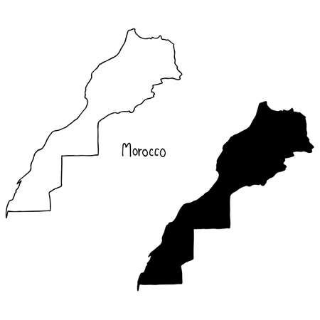outline and silhouette map of Morocco - vector illustration hand drawn with black lines, isolated on white backgroundのイラスト素材