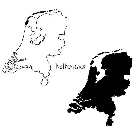 outline and silhouette map of Netherlands - vector illustration hand drawn with black lines, isolated on white backgroundのイラスト素材