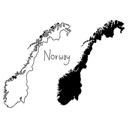 outline and silhouette map of Norway - vector illustration hand drawn with black lines, isolated on white backgroundのイラスト素材