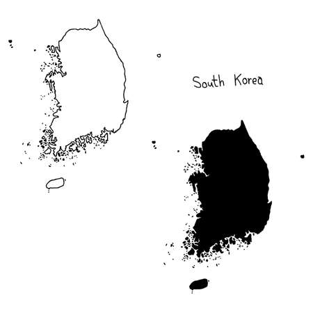 outline and silhouette map of South Korea - vector illustration hand drawn with black lines, isolated on white backgroundのイラスト素材