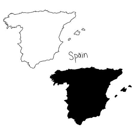 outline and silhouette map of Spain - vector illustration hand drawn with black lines, isolated on white backgroundのイラスト素材