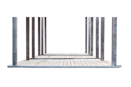 perspective view of three wooden floor with twelve poles at the corner isolated on white backgroundの写真素材