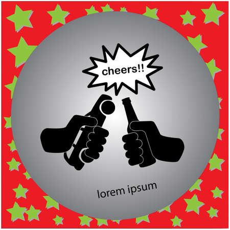 Vector illustration hand holding car and bottle of alcohol with Cheers word in shout speech bubble isolatedのイラスト素材