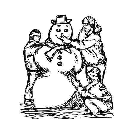 Happy mother and two children building snowman outside in winter time vector illustration.のイラスト素材