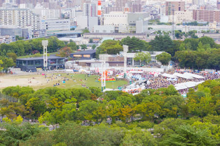 OSAKA, JAPAN - SEPTEMBER 18 : aerial view baseball field with players and people from top level of Osaka castle on September 18, 2017 in Osaka, Japan.のeditorial素材