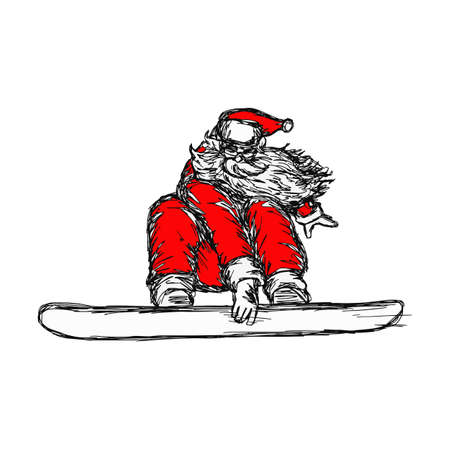 Santa Claus on snowboard vector illustration sketch hand drawn with black lines, isolated on white backgroundのイラスト素材