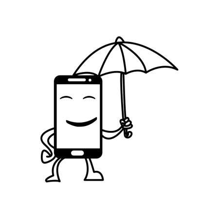 smiling smart phone hold umbrella vector illustration black lines, isolated on white backgroundのイラスト素材
