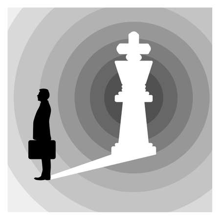 silhouette businessman and the shadow in the shape of king chess figure vector illustration isolated on white background. business leadership concept. Using editable shades of gray.のイラスト素材