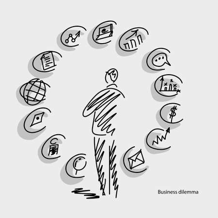Businessman looking at business icons with shadow in doodle sketch style vector illustration.のイラスト素材
