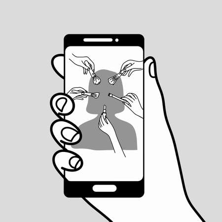 Hand holding smartphone with beauty makeup application on screen vector illustration isolated on gray backgroundのイラスト素材