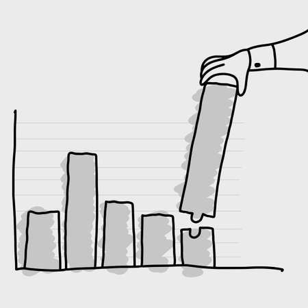 Hand of businessman making graph bar longer vector illustration. Doodle sketch hand drawn with black lines on gray background. Business concept, editable artwork.のイラスト素材