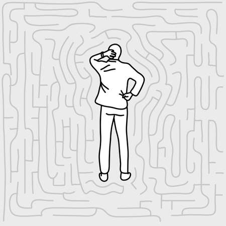 Businessman standing in labyrinth vector illustration doodle sketch hand drawn with black lines isolated on gray background. Challenge business concept. Editable artwork.のイラスト素材