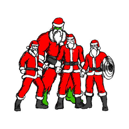 four people in Santa Claus costume vector illustration sketch hand drawn with black lines isolated on white backgroundのイラスト素材