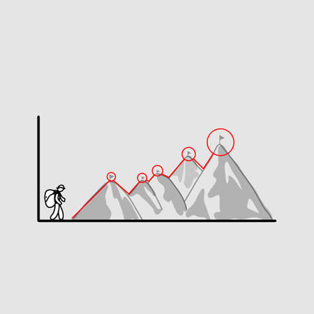 businessman walking on the top of mountain with flag vector illustration doodle sketch hand drawn with black lines isolated on gray background. Business concept. Beginning of way to achievement of goal.のイラスト素材