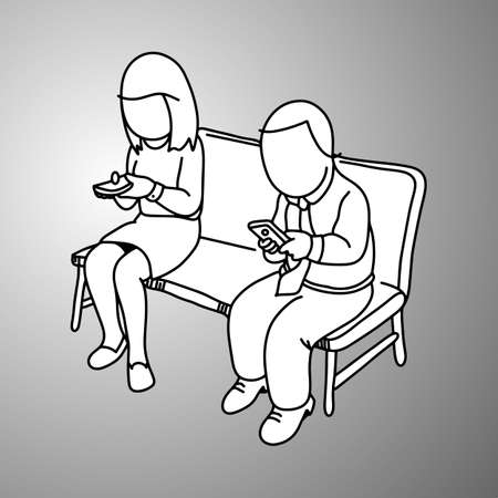 businessman and businessmanwoman using mobile phone on sofa vector illustration doodle sketch hand drawn with black lines isolated on gray backgroundのイラスト素材