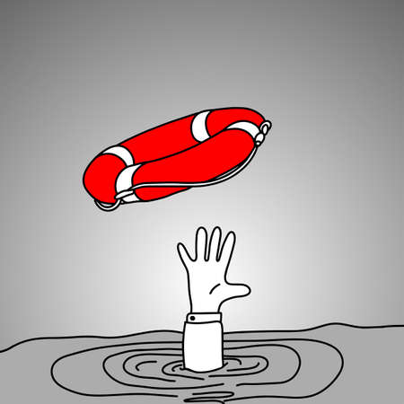 Drowning businessman getting red lifebuoy from another man illustration.