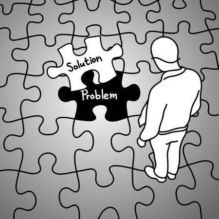 Businessman standing on jigsaw with the word solution and problem illustration.のイラスト素材
