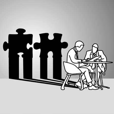 businessman sitting with the shadow of conflict jigsaw puzzle vector illustration doodle sketch hand drawn with black lines isolated on gray background. Business disagreement thought concept.のイラスト素材