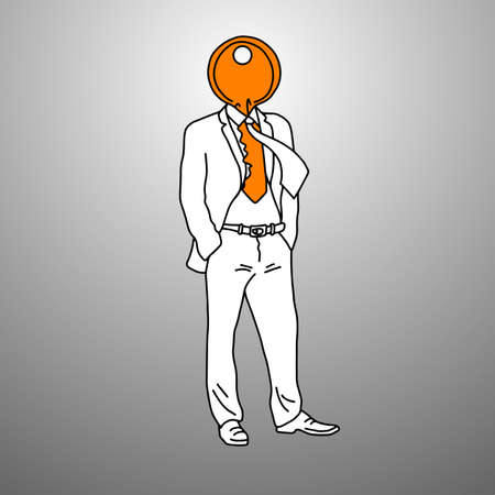businessman with orange key on his head vector illustration doodle sketch hand drawn with black lines isolated on gray background. Business success concept.のイラスト素材