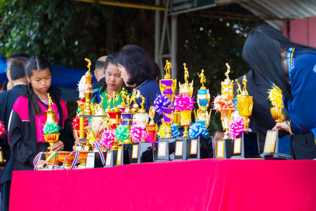 CHIANGRAI, THAILAND - DECEMBER 29: trophy cup on the table in sport competition events on December 29, 2017 in Chiangrai, Thailand.のeditorial素材