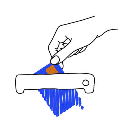 hand holding blue credit card on shredder machineのイラスト素材