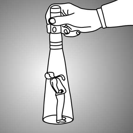 Hand holding a flashlight pointing at standing businessman looking up vector illustration doodle sketch hand drawn with black lines isolated on gray background. Business concept. In the Spotlight.のイラスト素材