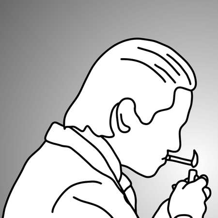 Close-up businessman lighting up his cigarette vector illustration doodle sketch hand drawn with black lines isolated on gray background.のイラスト素材