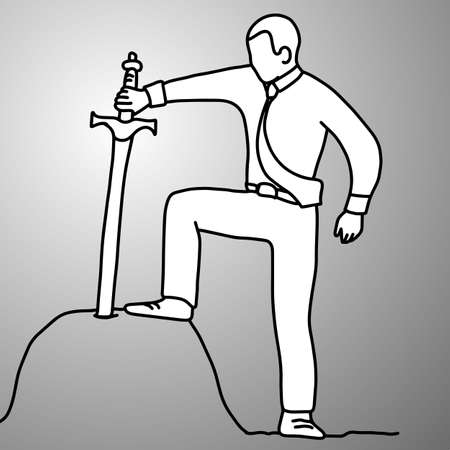 businessman holding sword of King Arthur on the rock vector illustration doodle sketch hand drawn with black lines isolated on gray background. Challenge business concept. のイラスト素材