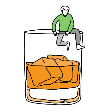 metaphor addicted man trying climb out off a glass of alcohol vector illustration sketch hand drawn with black lines, isolated on white background. Education Medical concept.のイラスト素材