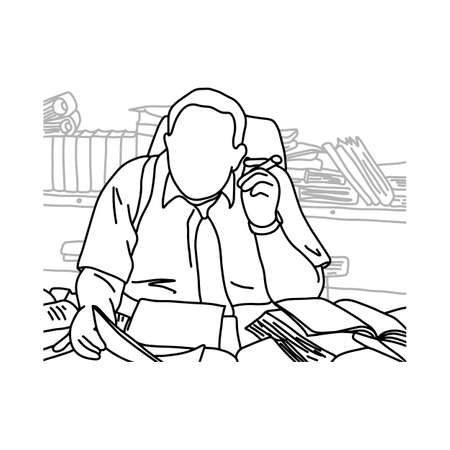 fat businessman with cigar at his desk vector illustration doodle sketch hand drawn with black lines isolated on white background. Business concept. のイラスト素材