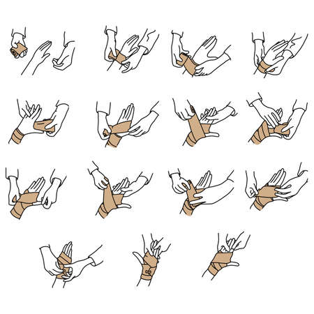 How to wrap a hand with elastic gauze vector illustration sketch hand drawn with black lines, isolated on white backgroundのイラスト素材