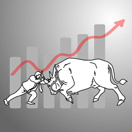 Businessman fighting a bull with graph up background vector illustration doodle sketch hand drawn with black lines isolated on gray background. Business concept.のイラスト素材