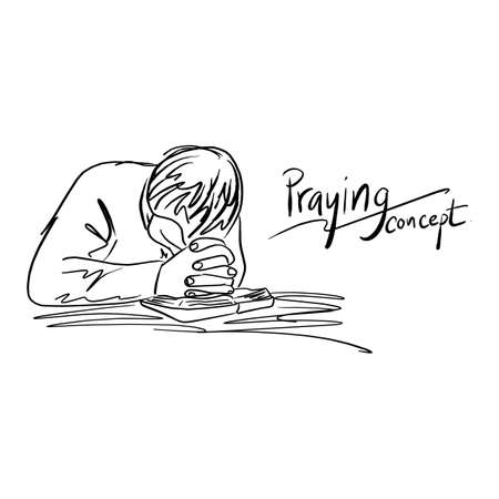 Prayer to god with faith and hope on bible vector illustration sketch hand drawn with black lines isolated on white background. Praying concept.のイラスト素材