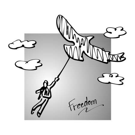 businessman in the sky with silhouette big bird or eagle vector illustration doodle sketch hand drawn with black lines isolated on gray background.freedom concept.のイラスト素材