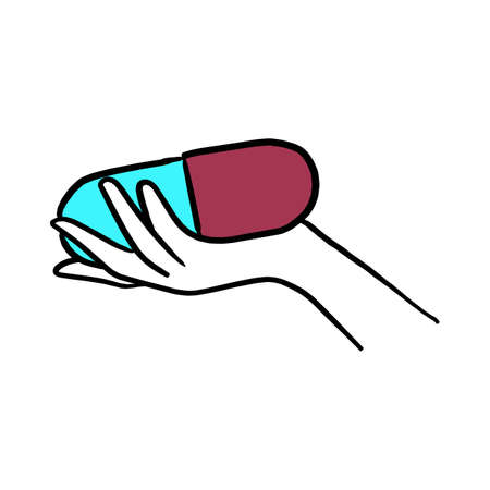 Hand holding big capsule vector illustration sketch hand drawn with black lines isolated on white backgroundのイラスト素材