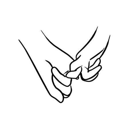 Close up at couple hands hook each other's little finger vector illustration sketch hand drawn with black lines isolated on white backgroundのイラスト素材