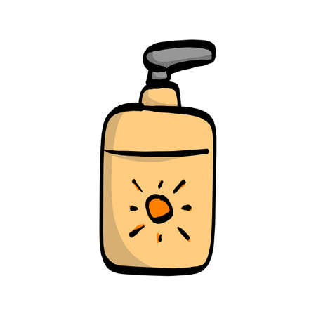 Sunscreen lotion in pump bottle vector illustration. Sketch hand drawn with black lines, isolated on...