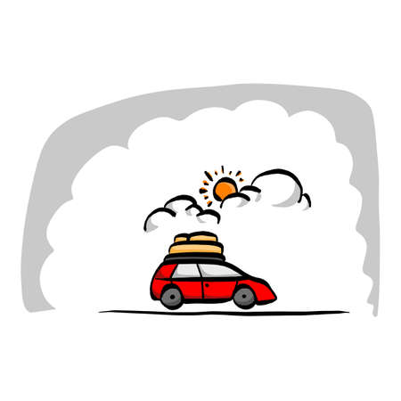 Vacation red car vector illustration. Sketch hand drawn with black lines, isolated on white background.のイラスト素材