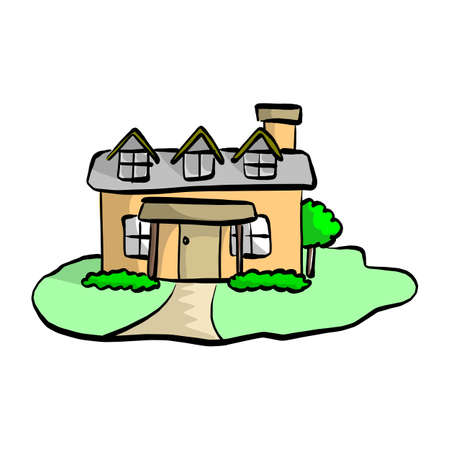 colorful flat drawing house with garden vector illustration sketch hand drawn with black lines isolated on white backgroundのイラスト素材