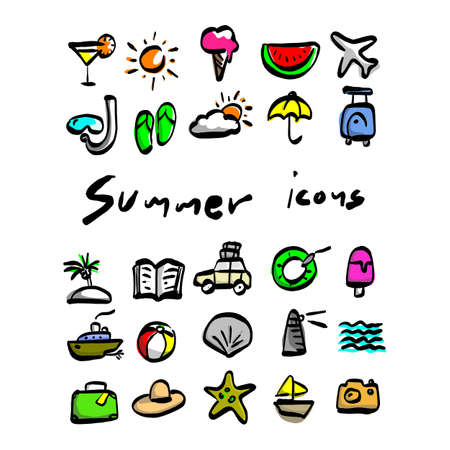 colorful summer icons vector illustration sketch hand drawn with black lines isolated on white backgroundのイラスト素材
