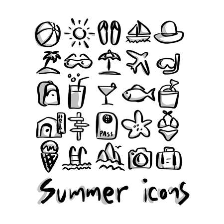 summer icons with shadow vector illustration sketch hand drawn with black lines isolated on white backgroundのイラスト素材