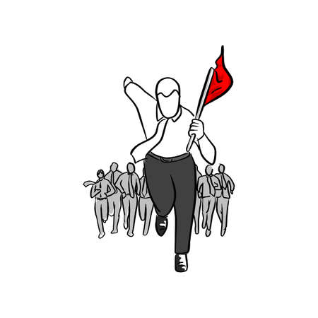 Businessman running with his team holding red flag, business concept illustration.のイラスト素材
