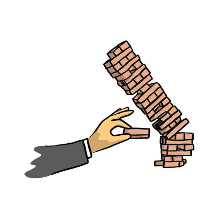 Hand of businessman make tower on wooden block game, business concept illustration.のイラスト素材