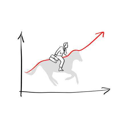 businessman riding on shadow of horse to make the graph up vector illustration sketch hand drawn with black lines isolated on white backgroundのイラスト素材