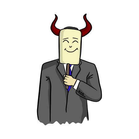 businessman with horn of devil holding smiling face mask vector illustration sketch hand drawn with black lines isolated on white backgroundのイラスト素材