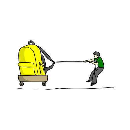 Male student boy trying to drag yellow big school bag to school vector illustration sketch hand drawn with black lines isolated on white background.のイラスト素材