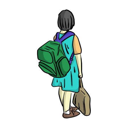 Little girl with school bag on her back vector illustration sketch hand drawn with black lines isolated on white background. Education and school concept.のイラスト素材