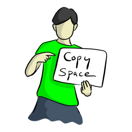 Boy holding blank sign vector illustration sketch doodle hand drawn with black lines isolated on...