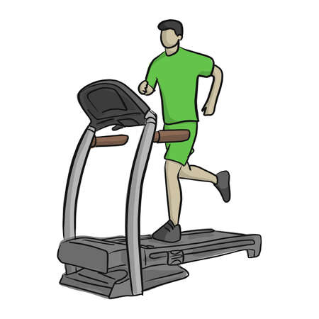 Man running in a gym on a treadmill vector illustration. Sketch doodle hand drawn with black lines isolated on white background. Concept for exercising, fitness and healthy lifestyle.のイラスト素材