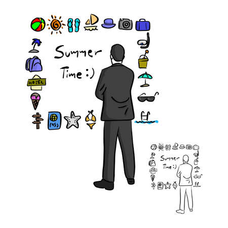 businessman looking at summer icon set vector illustration sketch doodle hand drawn with black lines isolated on white backgroundのイラスト素材
